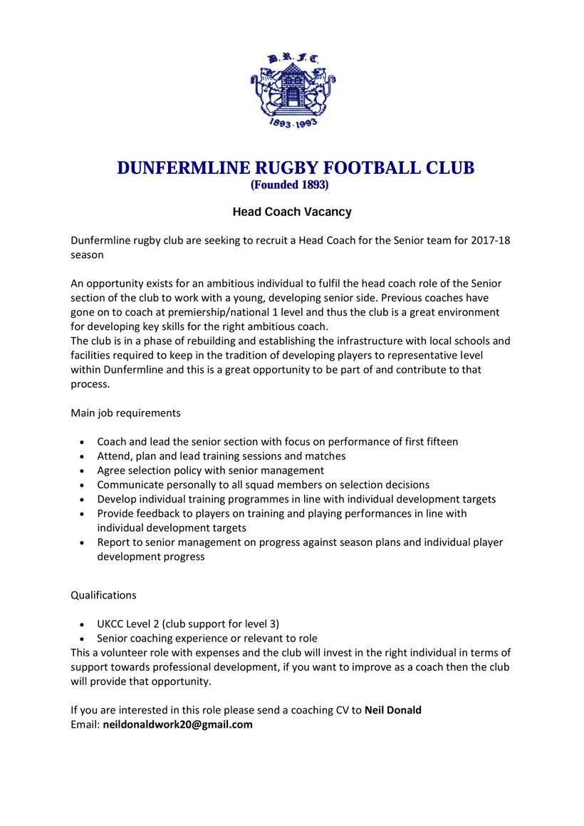 Head Coach Vacancy News Dunfermline Rugby Football Club